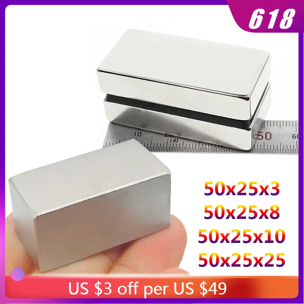 

15PCS 50x25x3mm 50x25x8mm 50x25x10mm Big Block Rare Earth Magnet N35 Rectangular Strong Neodymium Magnet Permanent Magnet