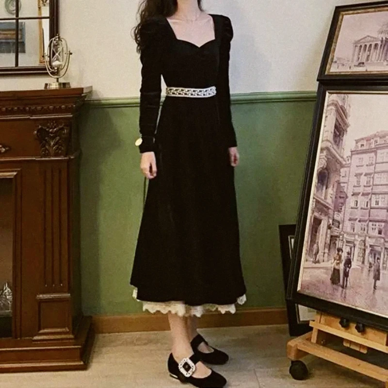 

Женское винтажное бархатное платье средней длины, черное платье в дворцовом стиле с квадратным вырезом и длинными рукавами, весна-осень 2022