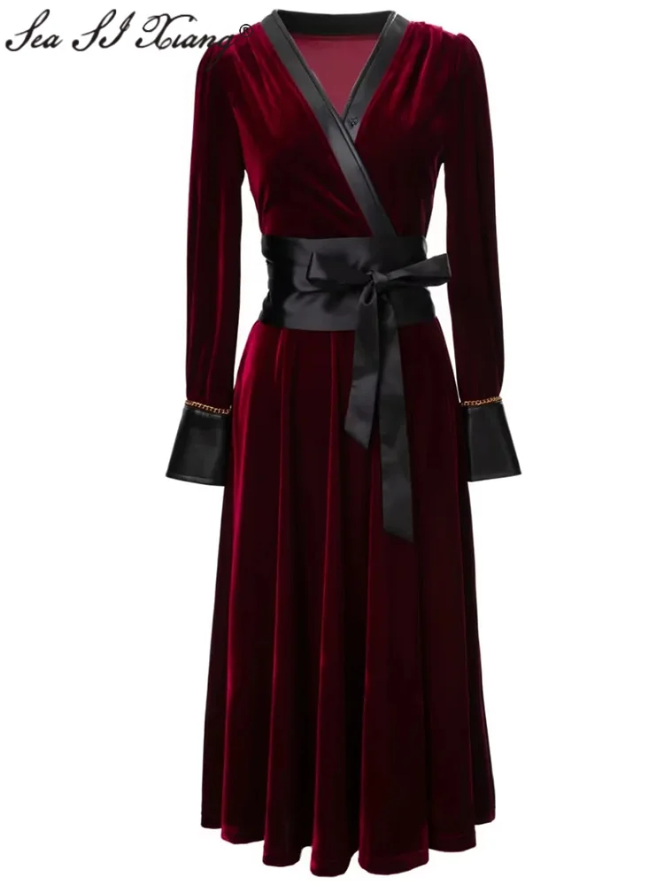 

Seasixiang Fashion Designer Autumn Velvet Dress Women V-Neck Long Sleeve Patchwork Belt Vintage Party Solid Dresses