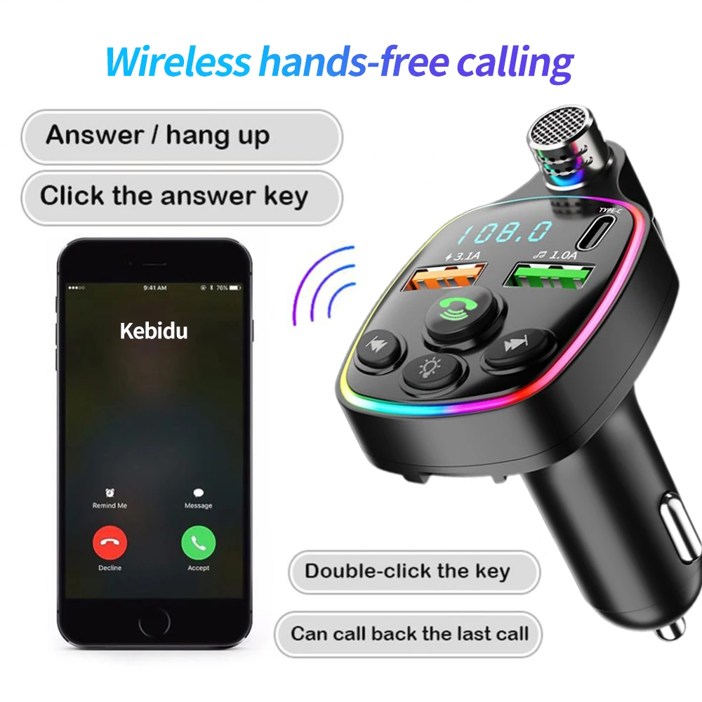 

Автомобильный FM-трансмиттер, Bluetooth 5,0, два USB А + Type-C