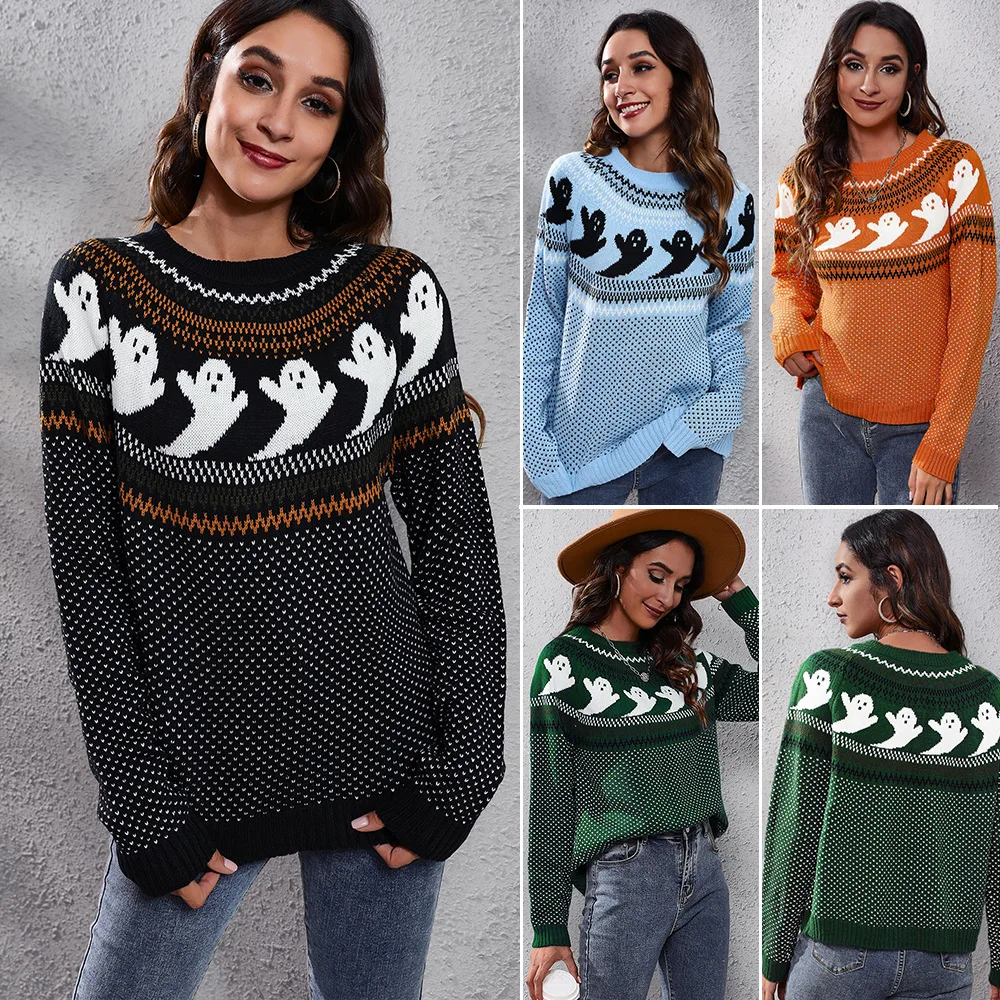 

Halloween Spooky Vintage Knitwear Women Long-sleeved Polka Dot Loose Pullover Tops Female 2023 Winter New Fashion Casual Sweater
