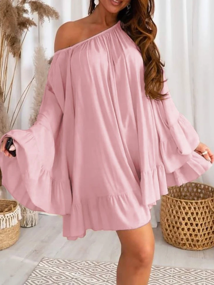 

Sexy Skew Collar Loose Mini Dress Office Elegant Flared Long Sleeve Solid Party Dress Women Fashion Pleated Pullover Beach Dress