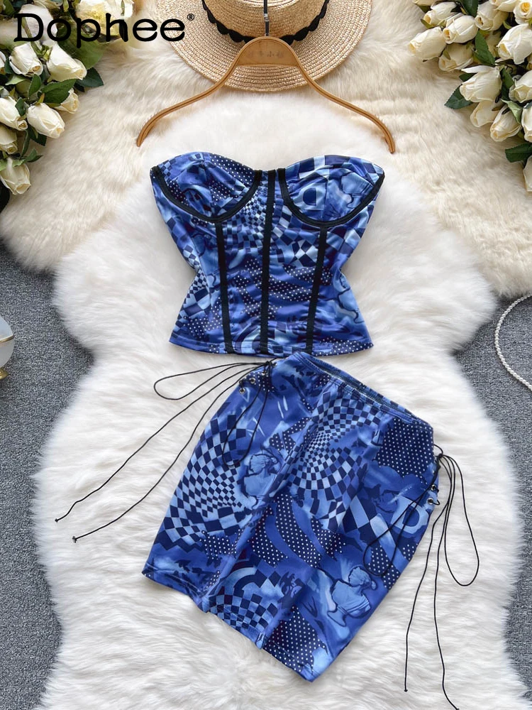 

Printed Vest Women's Strapless Inside With Hot Girls Outside Wearing Sexy Two-piece Suit Hip 2022 Autumn New Tide