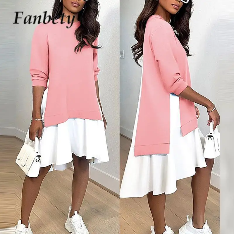 

Casual Ladies Patchwork Dress Early Autumn Round Neck Long Sleeve Split Midi Dress Fashion Women Loose Sweatshirt Dress Vestidos