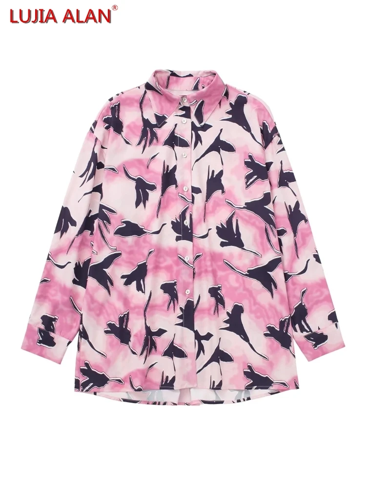 

Женские свободные рубашки с цветочным принтом, летняя женская блузка с длинным рукавом, повседневные топы с отложным воротником, блузы LUJIA ...