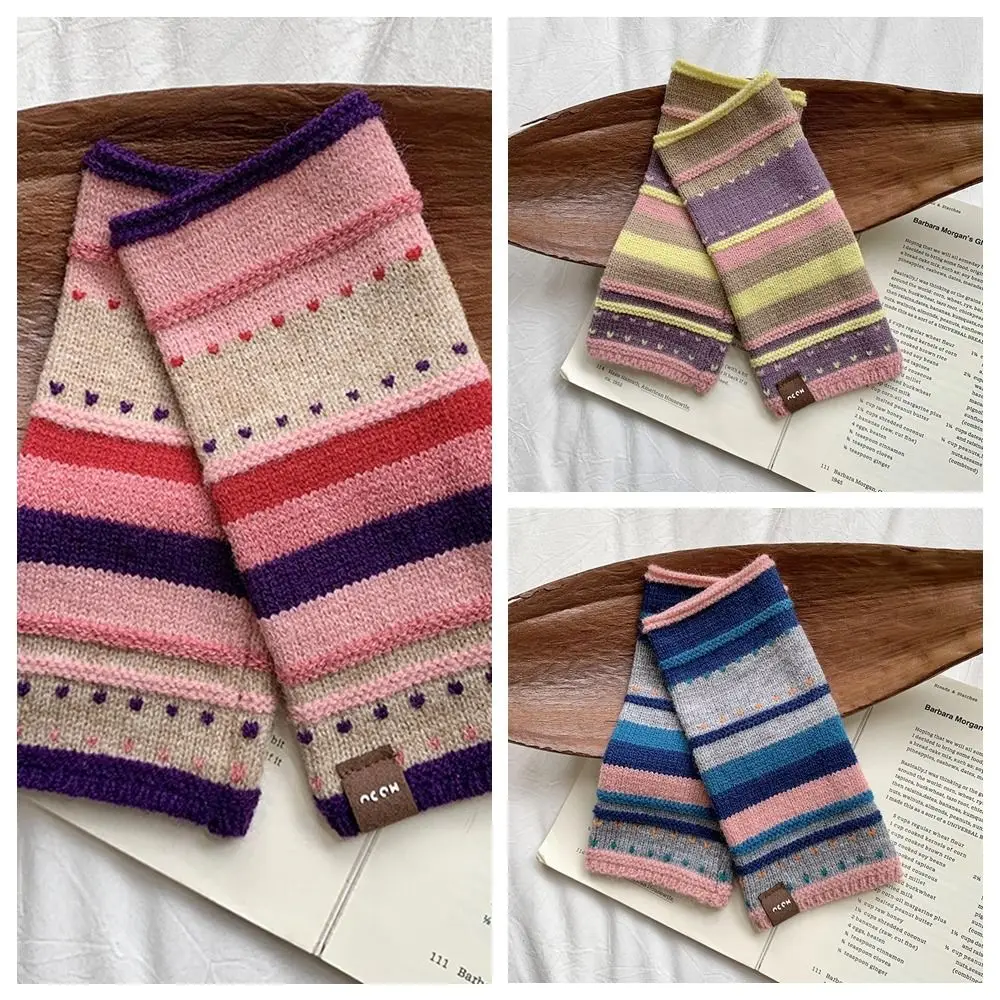 Kawaii вязаные перчатки с сенсорным экраном в радужную полоску розовые зимние