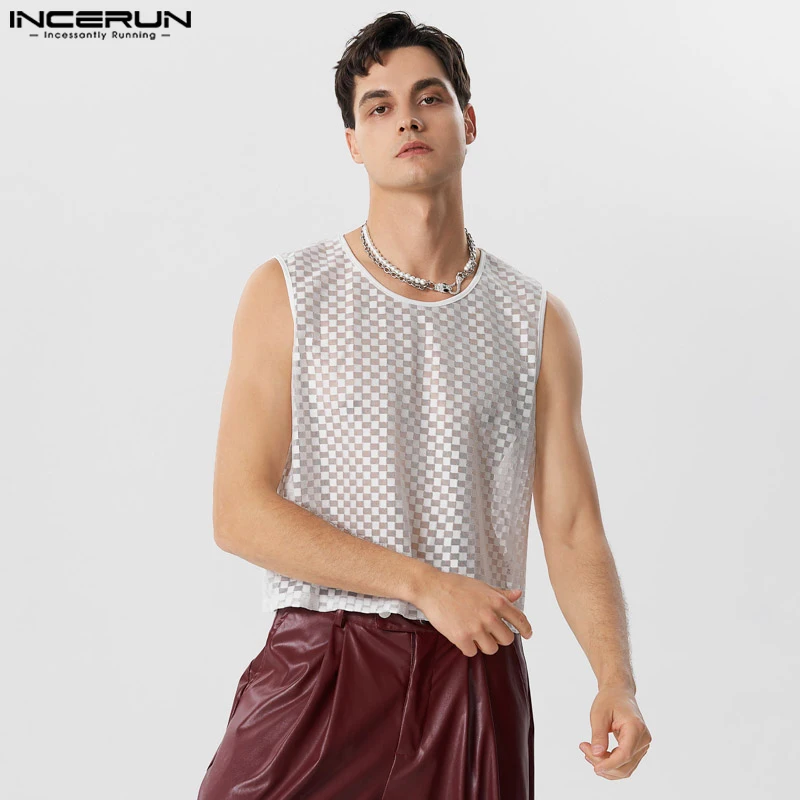 

Stylish Well Fitting New Men's Tops INCERUN Casual Hollow Plaid Pattern Waistcoat Casual Streetwear Solid Sleeveless Vests S-5XL