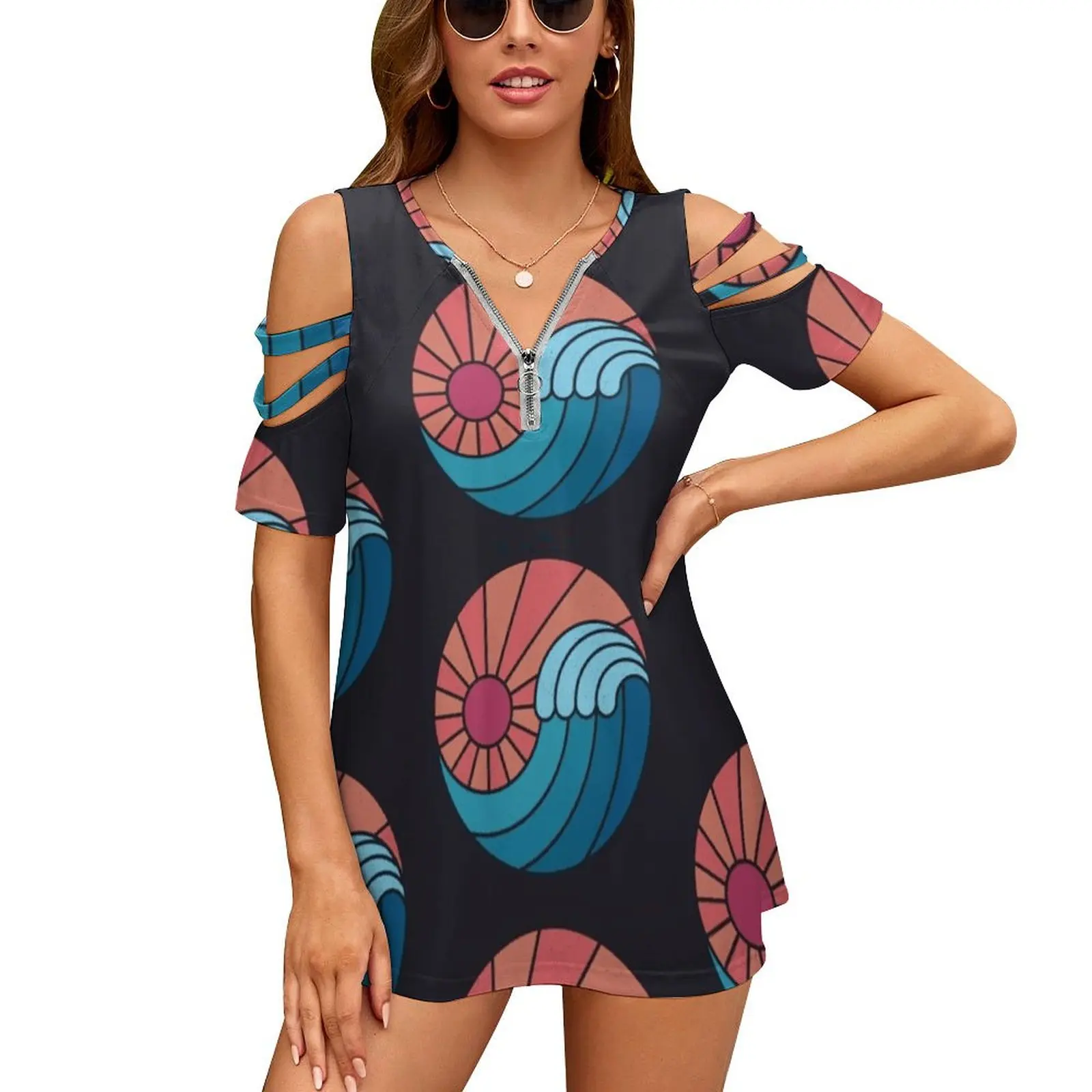 

Женская футболка Sun & Sea, новая модная футболка с принтом и V-образным вырезом