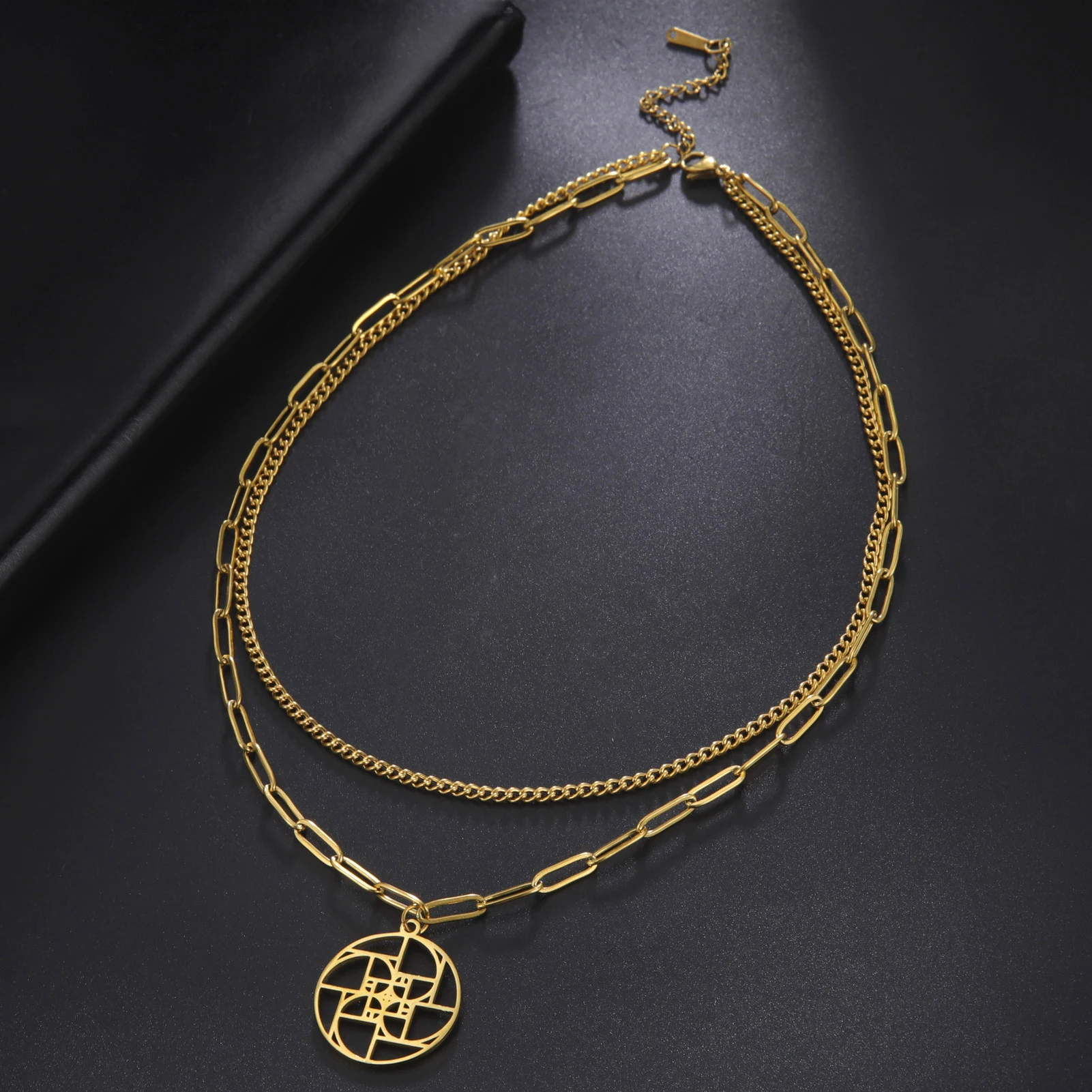 Золотая спираль Фибоначчи ожерелье с кулоном двойным Layer нержавеющая сталь