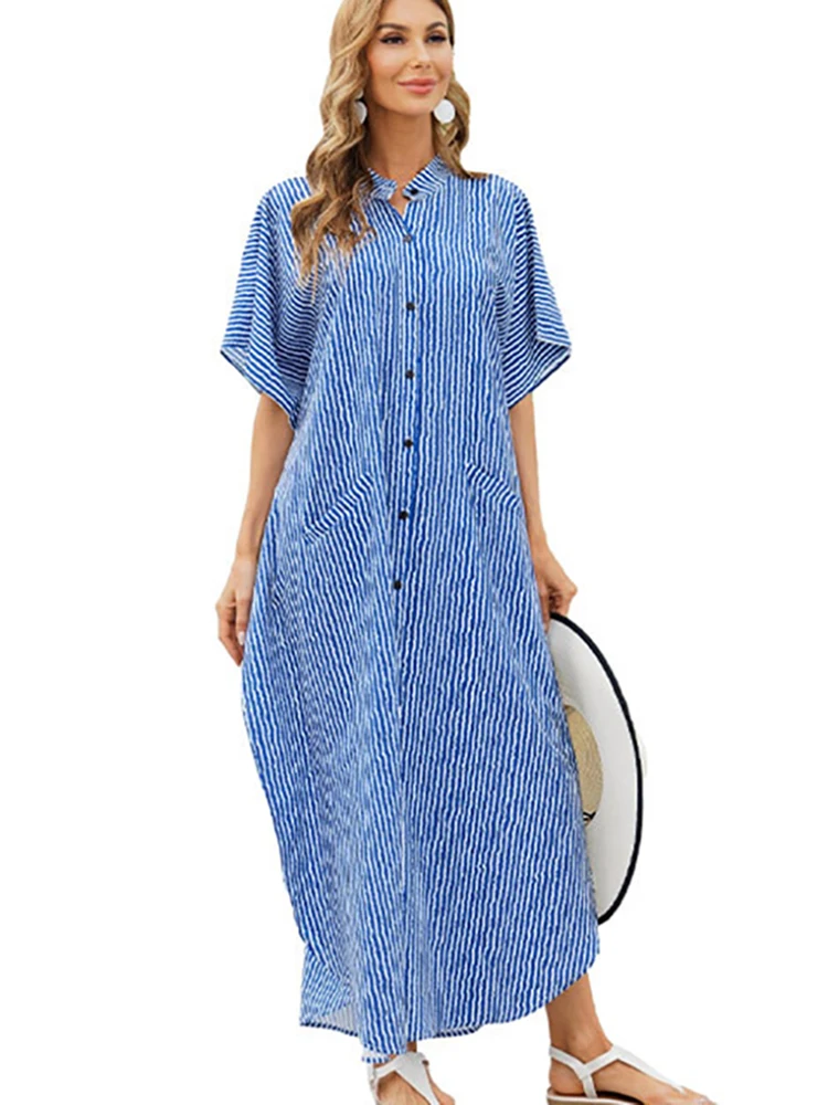 

Plus Size Beach Cover Up Stripe Women Long Big Shirt Dress Bikini Cover Up 2023 Robe Plage Kimonos Pareo Cover-ups Sarong