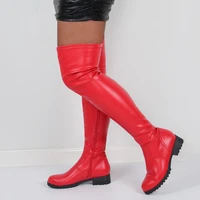 red motorcycles thigh high boots for women 2022 winter pu low heels stretch over the knee boots female shoes