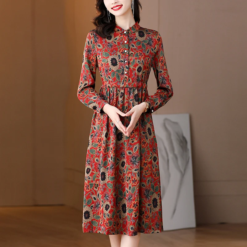 

2022 New Pattern Long Sleeve Silk Dress Women's Fashion Print Elegant Retro Casual Loose Skinny Holiday Knee Length Dress