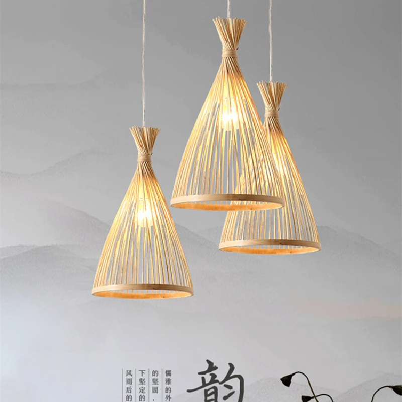 Chinese Restaurant Pendant Lights Home Decor Modern Bamboo Hand Knitted Cord Pendant E27 Bulb AC90-260V Hanging Lamp For Parlor