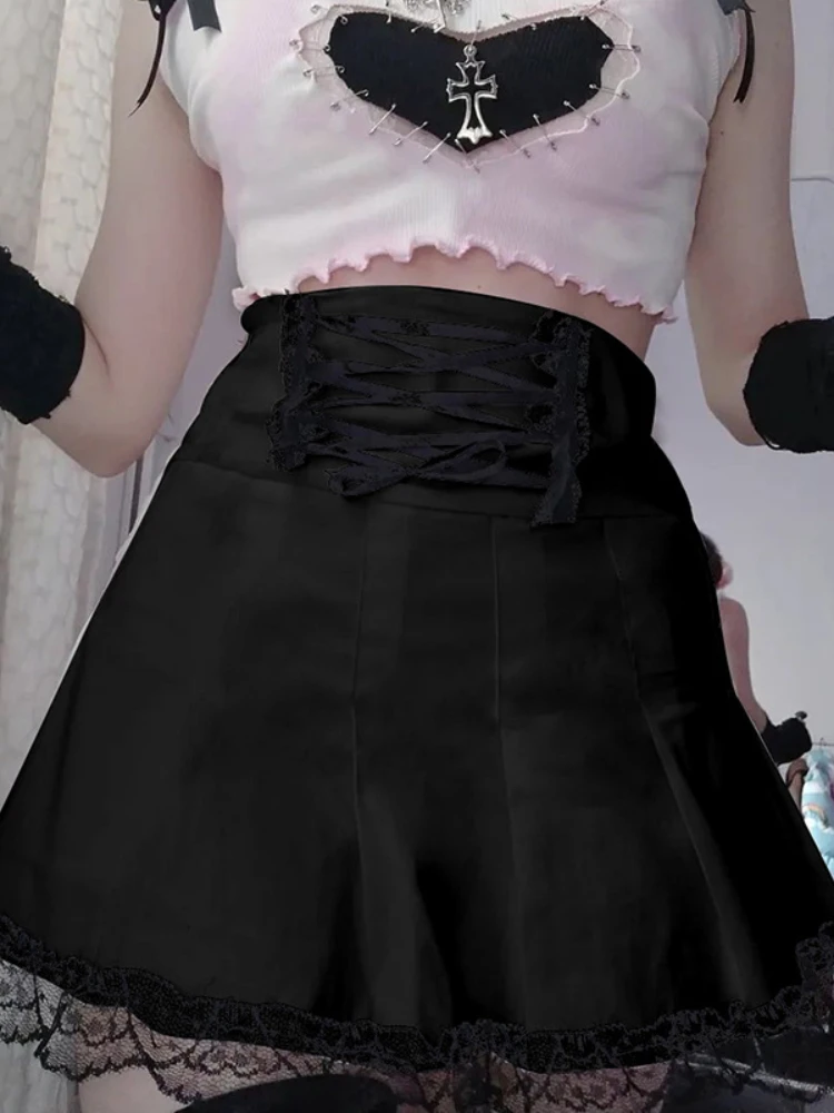 

Черная Готическая летняя юбка А-силуэта, женская модная бандажная кружевная юбка с высокой талией, уличная одежда, сексуальная эстетичная в...