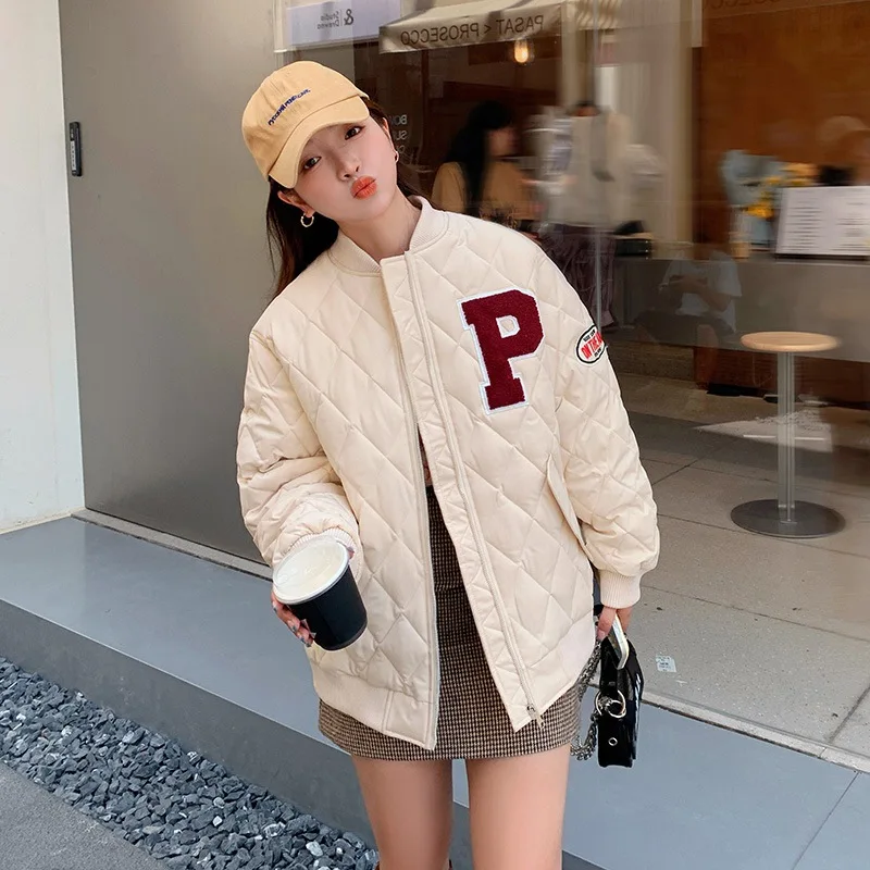 Parkas Women Rhombus Letter Retro Cotton-Padded Coat Short Coat Women's   Winter Loose Baseball Uniform Winter Coat Women
