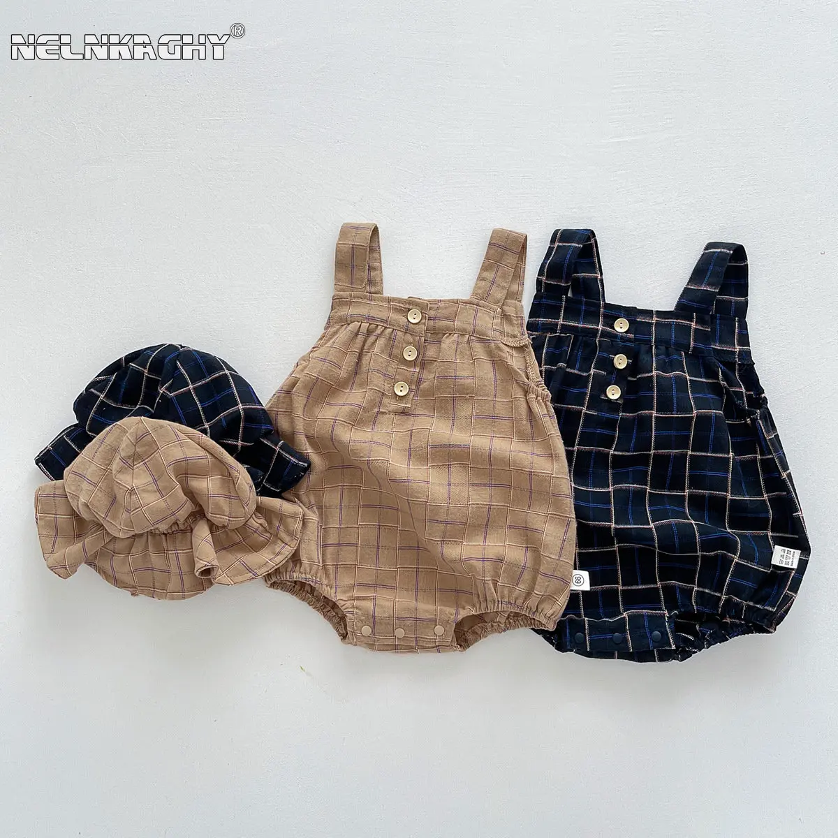 2023 Summer Collection: Sling Plaid Cotton Bodysuits+Fisherman Hat Set for Infant Newborn Girls Boys - Babay Comfy Outdoor Wear