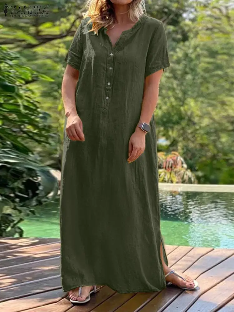 

Fashion Summer Shirt Dress ZANZEA Women Casual Short Sleeve Maxi Vestidos Female Solid Robe Fashion Holiday Sundress Oversize