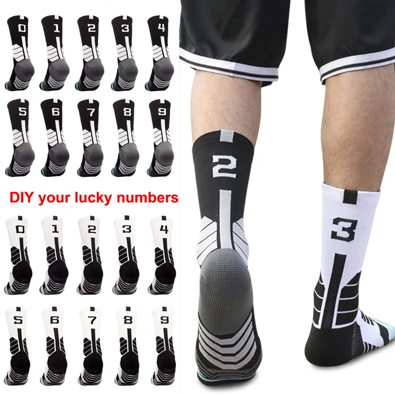 Calcetines de baloncesto profesionales para hombre, medias deportivas antideslizantes duraderas, número personalizado 0-9, color blanco y negro, para correr y Fitness