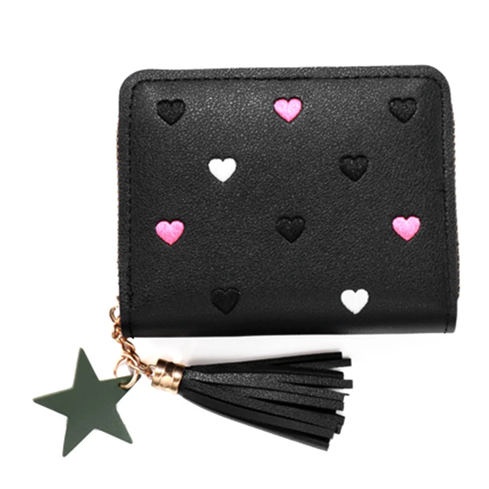 

Милый женский кошелек с сердечком, кошелек с кисточками на молнии, маленький с подвесками в виде звезды, отсеки из искусственной кожи, однот...