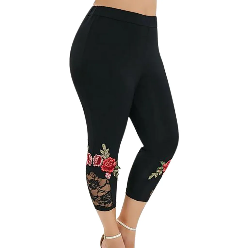 

Embroidery Floral Cropped Leggings Large Size Women's Pants High Waist Push Up Stretch Jeggings Workout Running Fitness Leggins