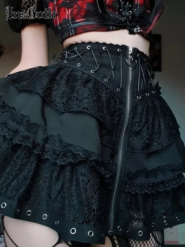 

InsGoth Gothic Harajuku Skirt Women Lolita Darkness Mesh Patchwork High Waist Black Zipper Skirts E Girl A-LINE Skirt Streetwear