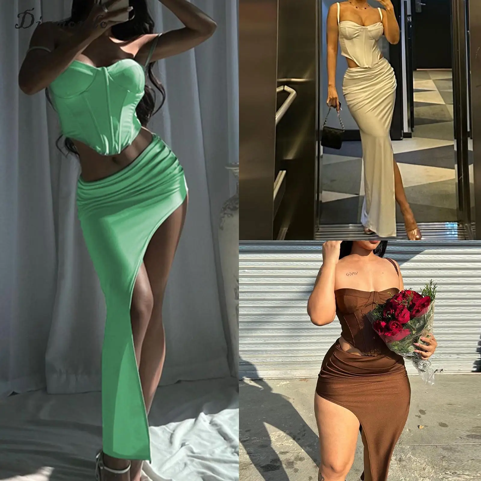 

Solid Color Ladies Side Slit Fishbone Tube Top Skirt Navel Exposed Women Spaghetti Straps Top Skirt Sets Cocktail Party Clothing