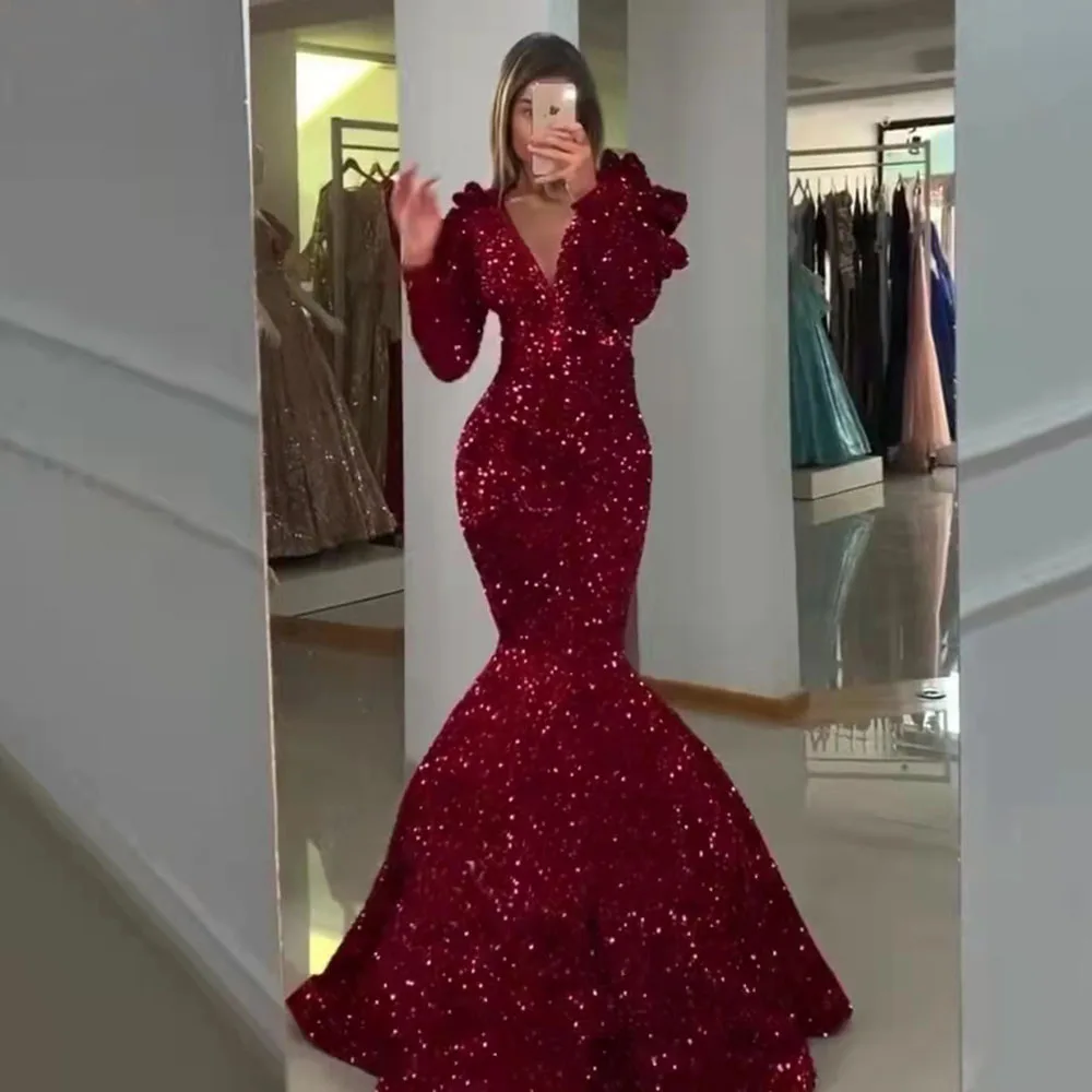 

Burgundy Long Sleeves Sequin Evening Dresses Custom Made Mermaid Luxury Formal Gown robes de soirée