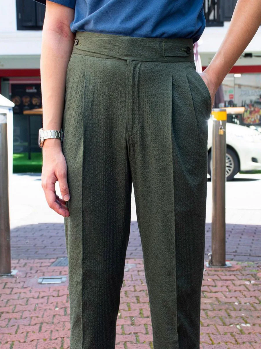 Spring and summer light green imported elastic seersucker Guerge casual pants slim fit all-match solid color trousers nine-point