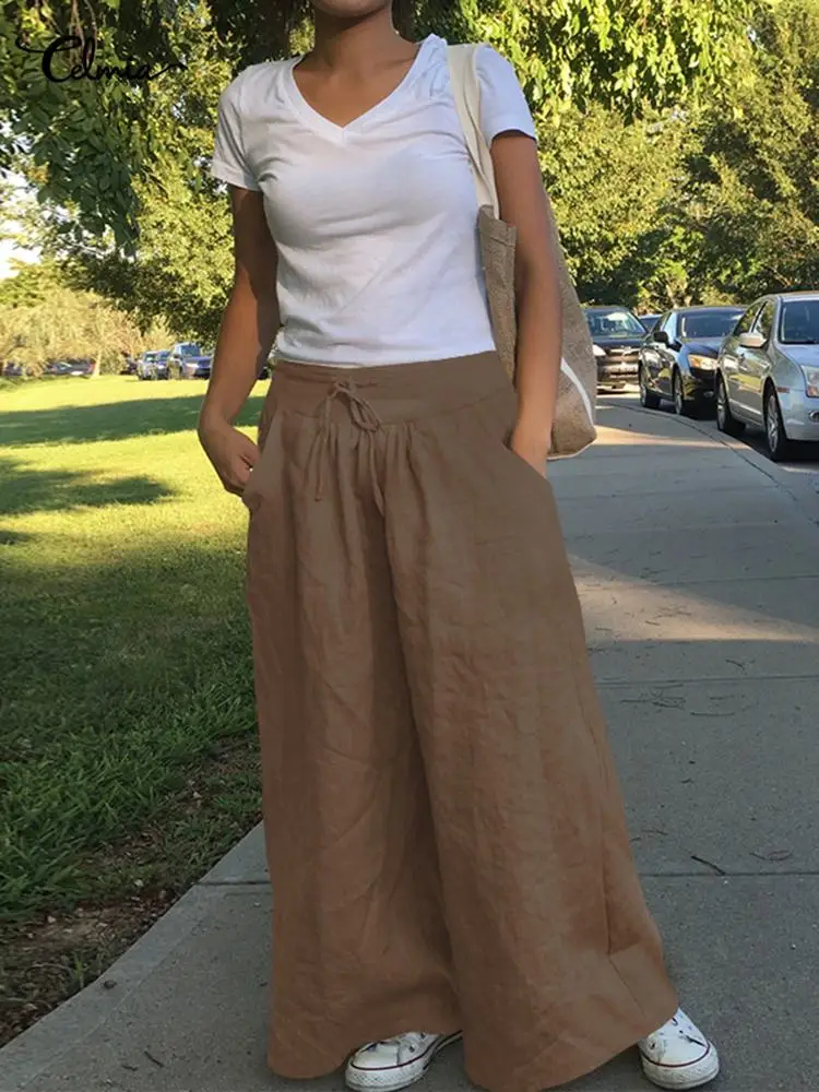 

Celmia 2022 Fashion Wide Leg Pants Women Vintage Long Trousers Autumn Casual Loose High Waist Solid Color Party Pantalones Femme