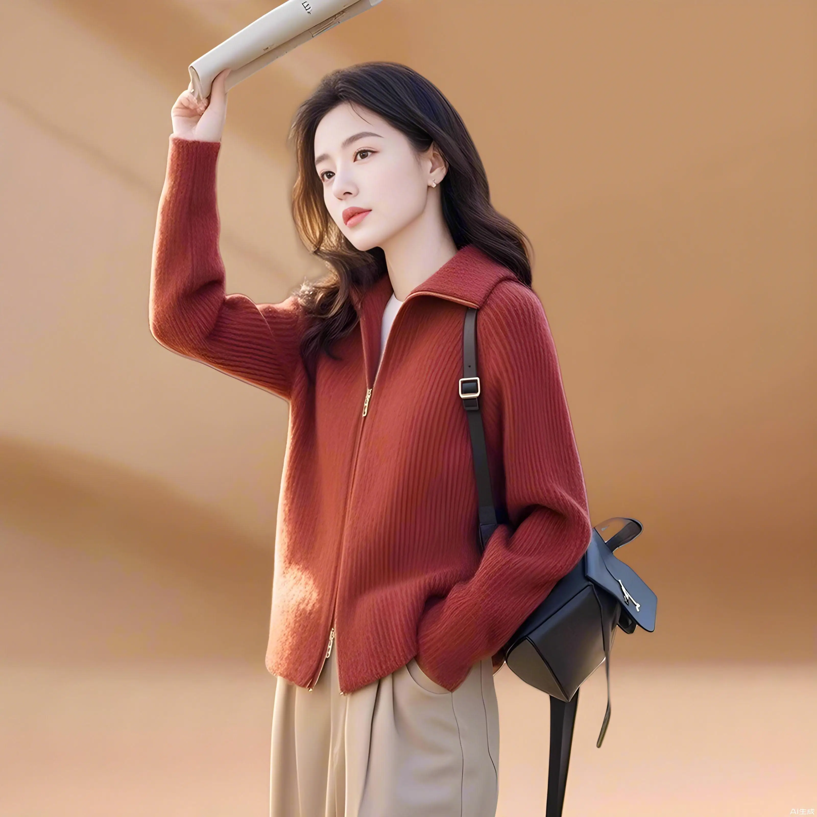 Korean Series Idle Sle Autumn and Winter Outerwear Women Small Fashion New Lapel Double Zipper Short Long sleeve Knit cardigan