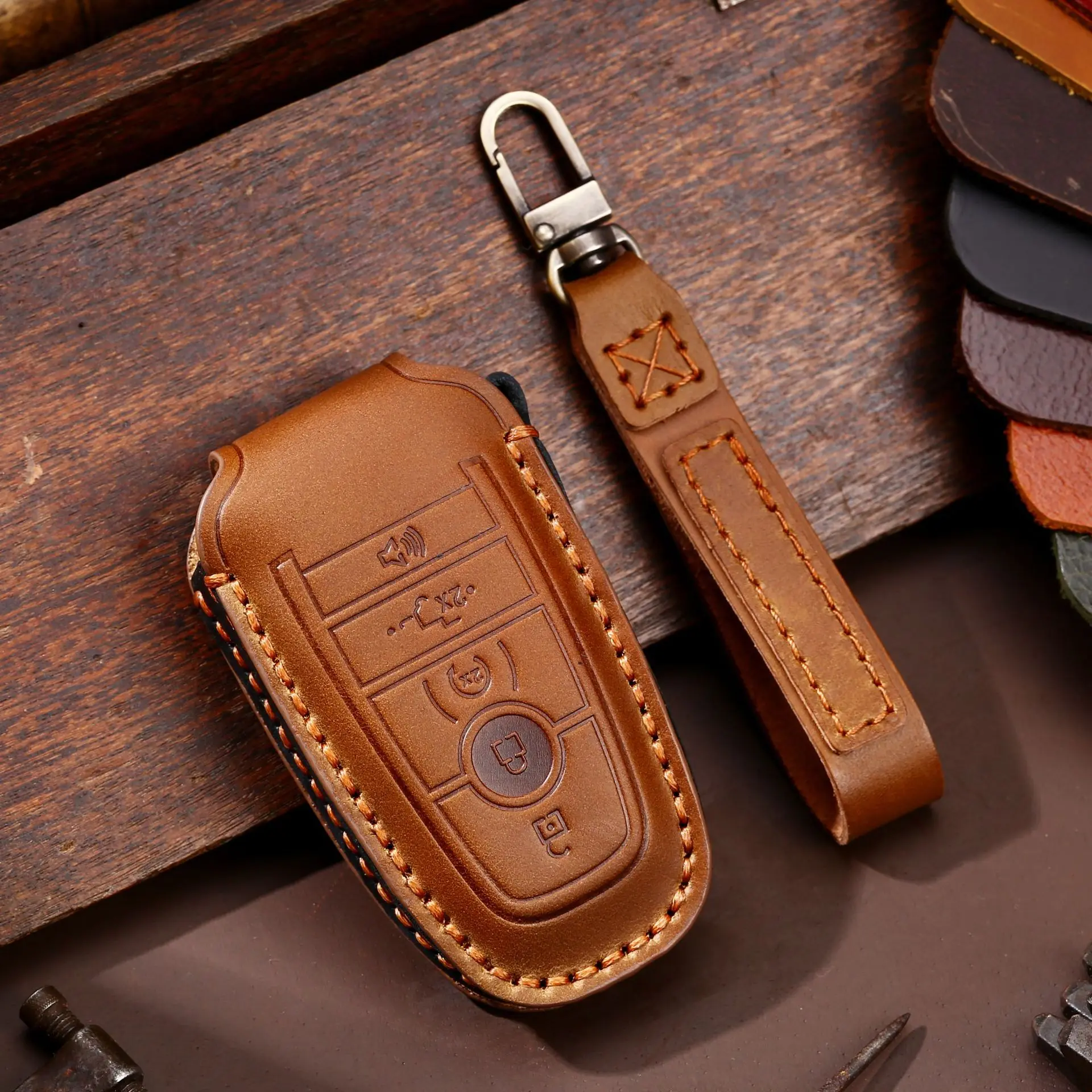 

Leather Remote Control Key Fob Case Cover Chain For Ford Fusion F150 F250 F350 F450 F550 Explorer Escape Edge Mustang Raptor