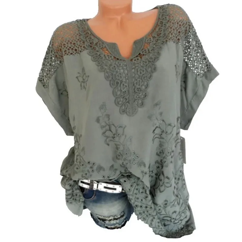 Женская Кружевная Блузка С Цветочным Принтом Летняя Повседневная Свободная