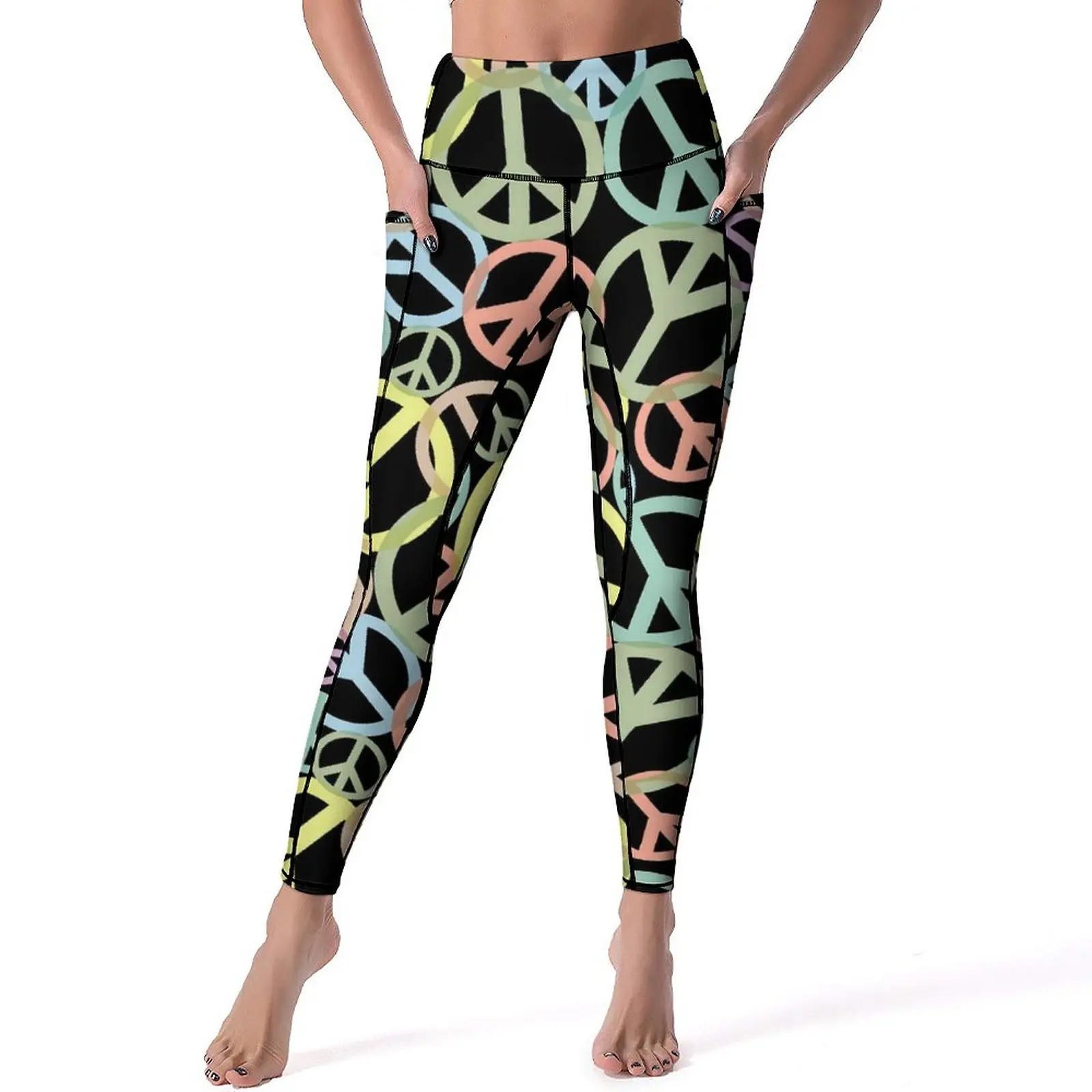 

Colorful Peace Leggings With Pockets Retro Sign Print Design Yoga Pants High Waist Gym Yoga Legging Sweet Elastic Sport Pants