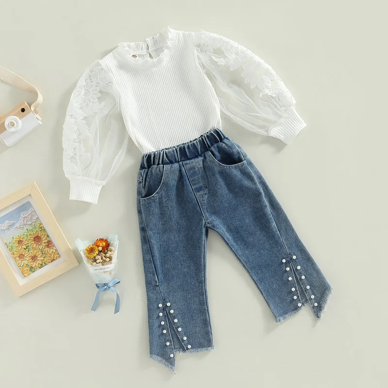 

Baby Kid Girls Pants Set Clothes Spring Fall 2022 Long Sleeve Flower Patchwork T-shirt with Pearl Slit Jeans Outfit for Teenager