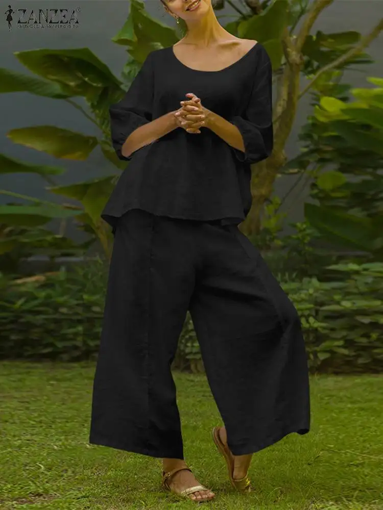 

ZANZEA Fashion Wide Leg Pant Baggy Two Piece Sets Women Solid Pant Sets Casual Loose Tops and Pant Outfits 2023 Spring Tracksuit