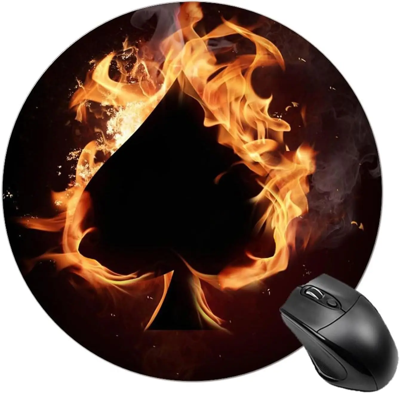 

Spades Card in Fire Round Mouse Pad Cute MousePads Non-Slip Rubber Base Mousepad for Home Office for Laptop Computer Gaming