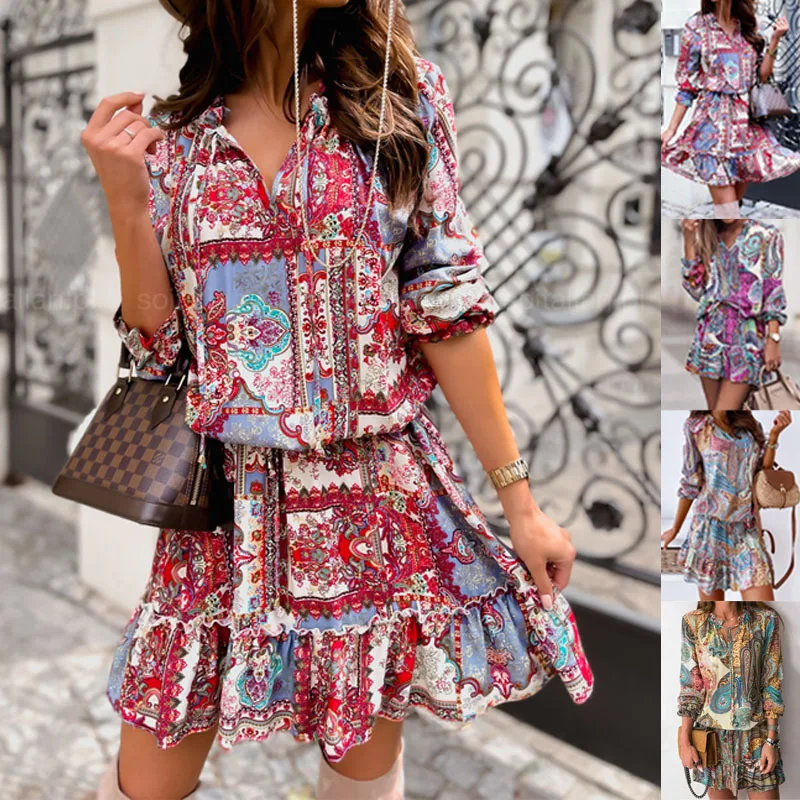 

2023 Summer Fashion Short Boho Dress Women Mini Floral Print Dress Female Long Sleeve Printed Waist Folded Mini Dress