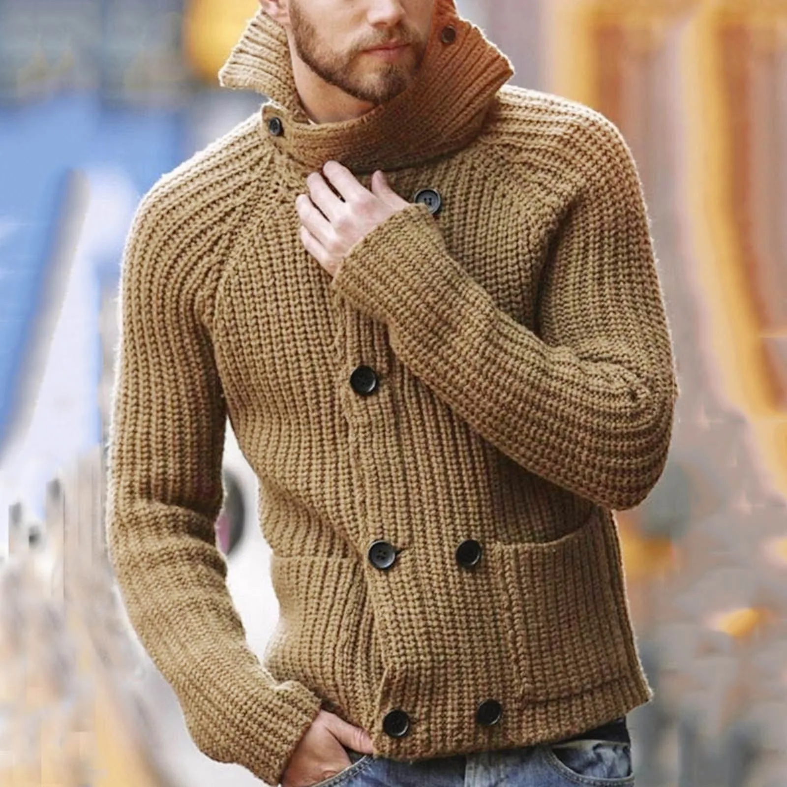 

Solid Color Autumn Winter Men Sweater Coat Turtleneck Thick Jacquard Long Sleeve Pockets Button Knit Warm Cardigan Jacket Male 4