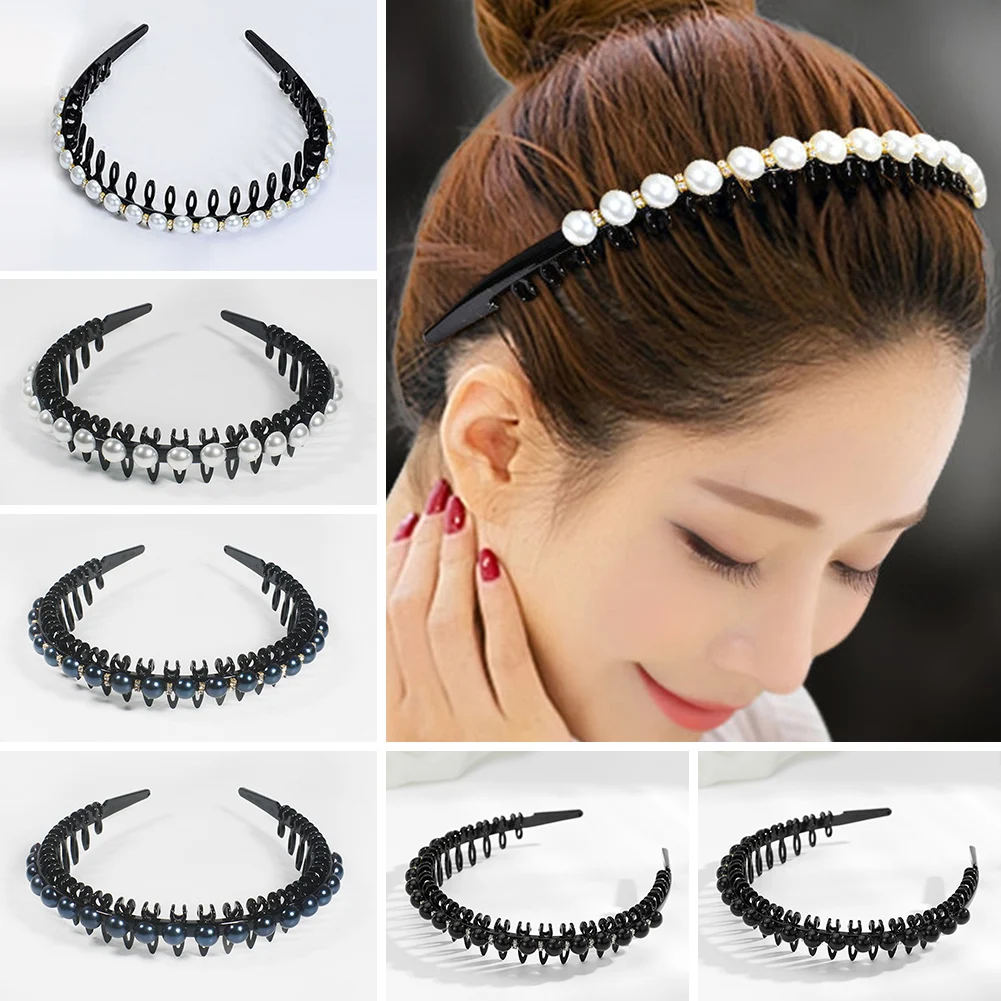 

Women Simple Black Pearl Toothed Hairbands Broken Hair Finishing Headband Outdoor Hair Hoop Headwear Fashion Hair Accessories