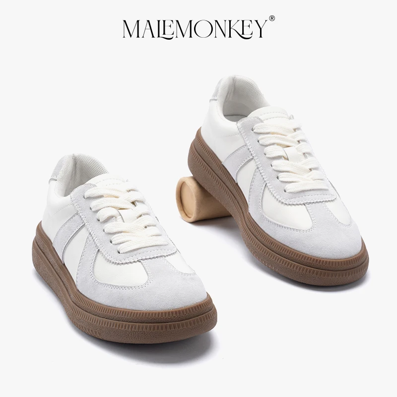 MALEMONKEY Casual Sneakers Women Suede Lace-up Flats Spring Round Toe Ladies Shoes Comfortable Breathable Trainers Handmade