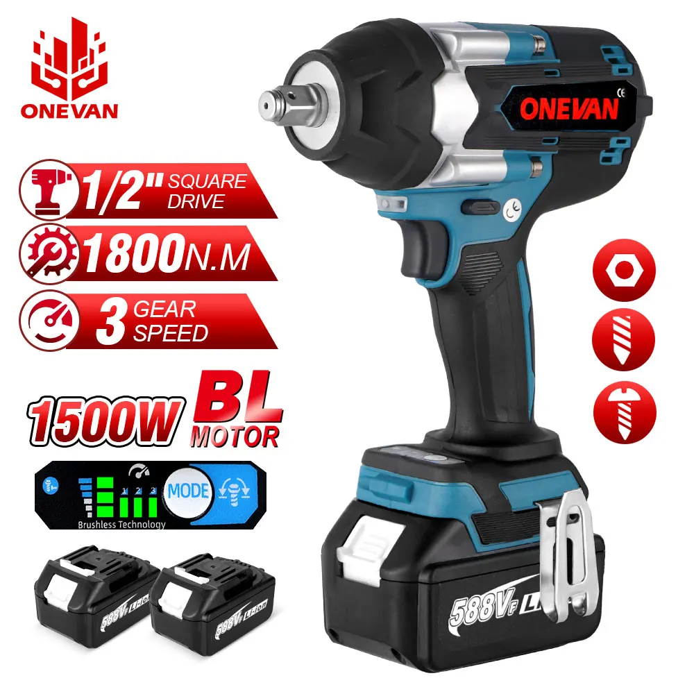 ONEVAN 1800N.M Torque Brushless Electric Impact Wrench with 588VF Battery 1/2