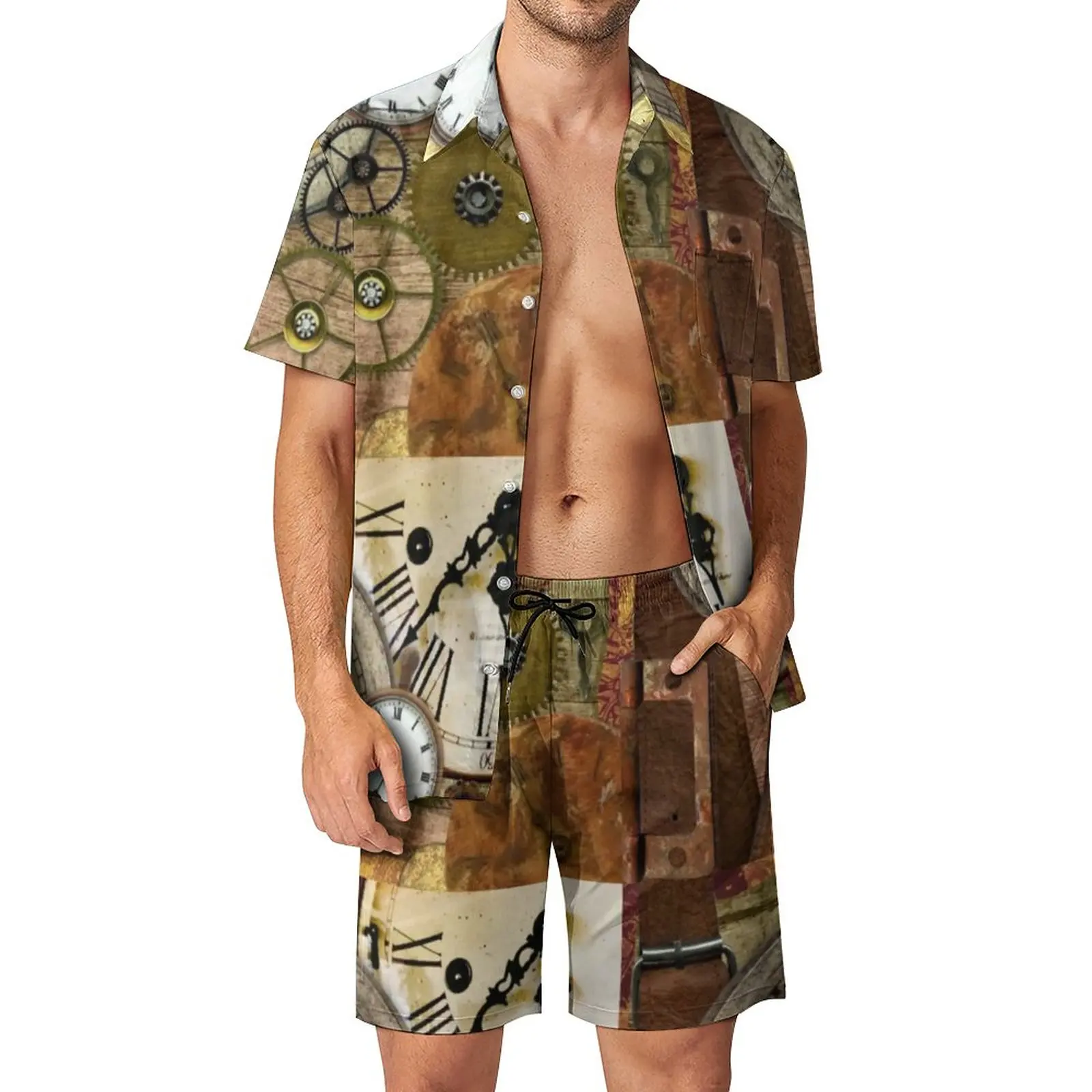 

Мужской комплект одежды в стиле стимпанк, рубашка с коротким рукавом, часы-гаторы, повседневные шорты, дизайнерский костюм большого размера в стиле стимпанк