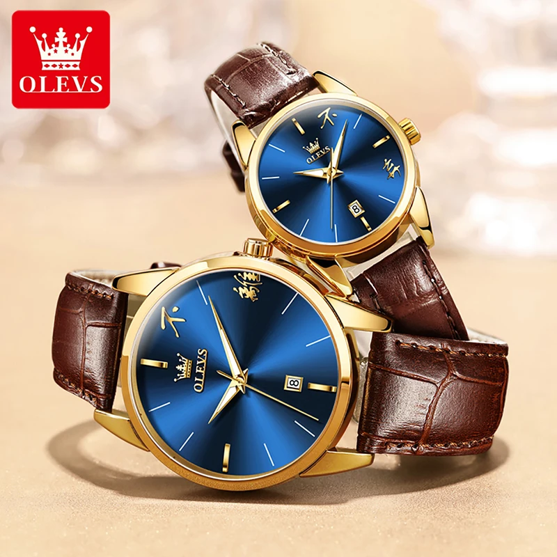OLEVS Fashion Simple Couple Watch 30M Waterproof Genuine Leather Strap Calendar Display Mens Womens Watches Quartz Reloj Hombre