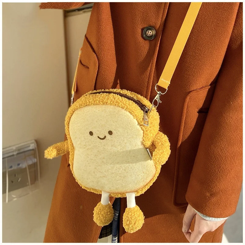 

Women Creative cartoon toast bread plush Messenger bag girl cute funny small plush shoulder bag mobile phone bag