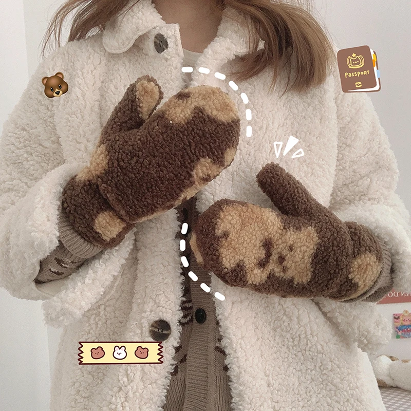 

Ins Cute Bear Gloves Female Students Korean Style Winter Fleece Cotton Gloves Thickened Plush Mittens Outdoor Windproof Warm
