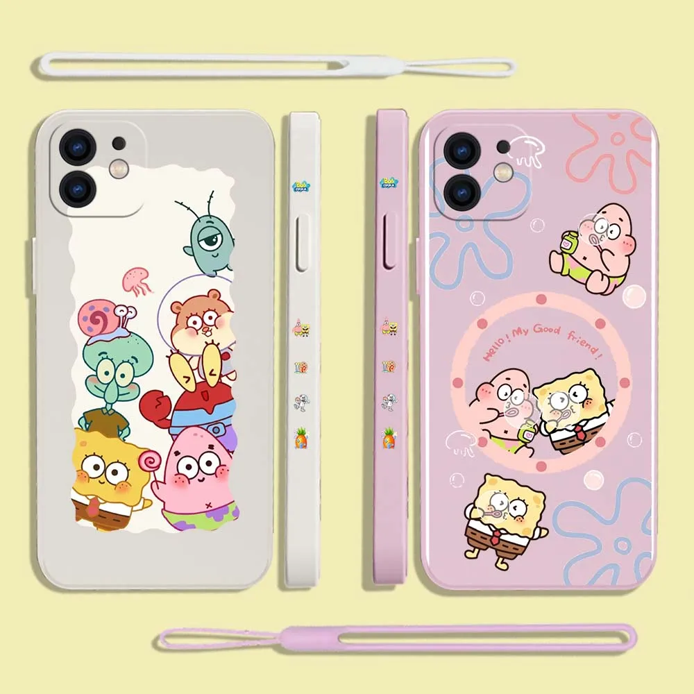 

Spongebobs Phone Case For iPhone 14 13 12 11 Pro Max Mini X XR XS MAX SE20 8 7 Plus 6 6S Plus Silicone Cases with Hand Strap