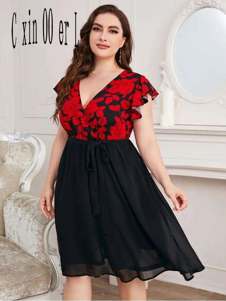 

Summer Plus Size 4xl European Style Printed Loose Women Dress Patchwork Ruffles V-neck Sexy Ladies Dresses