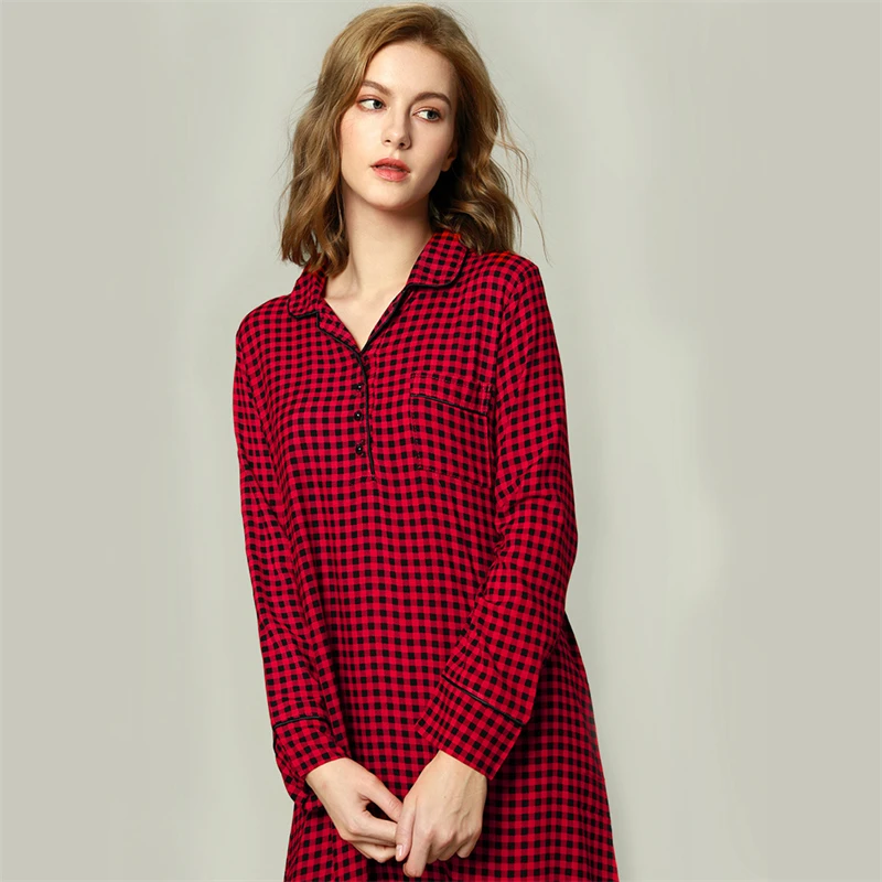 

Sexy Spring Outfit Pajamas Clothes Plus Size Sleepwear Home Wear Cotton Pjs Plaid Sleep Dresses For Women Long Sleeves Nightgown