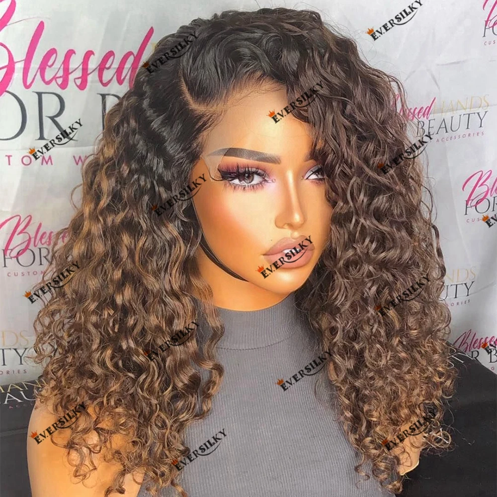 Natural Curly Ombre Brown Auburn Indian Remy Human Hair 360 Lace Frontal Wig for Black Women 200 Density Natural Hairline Wig