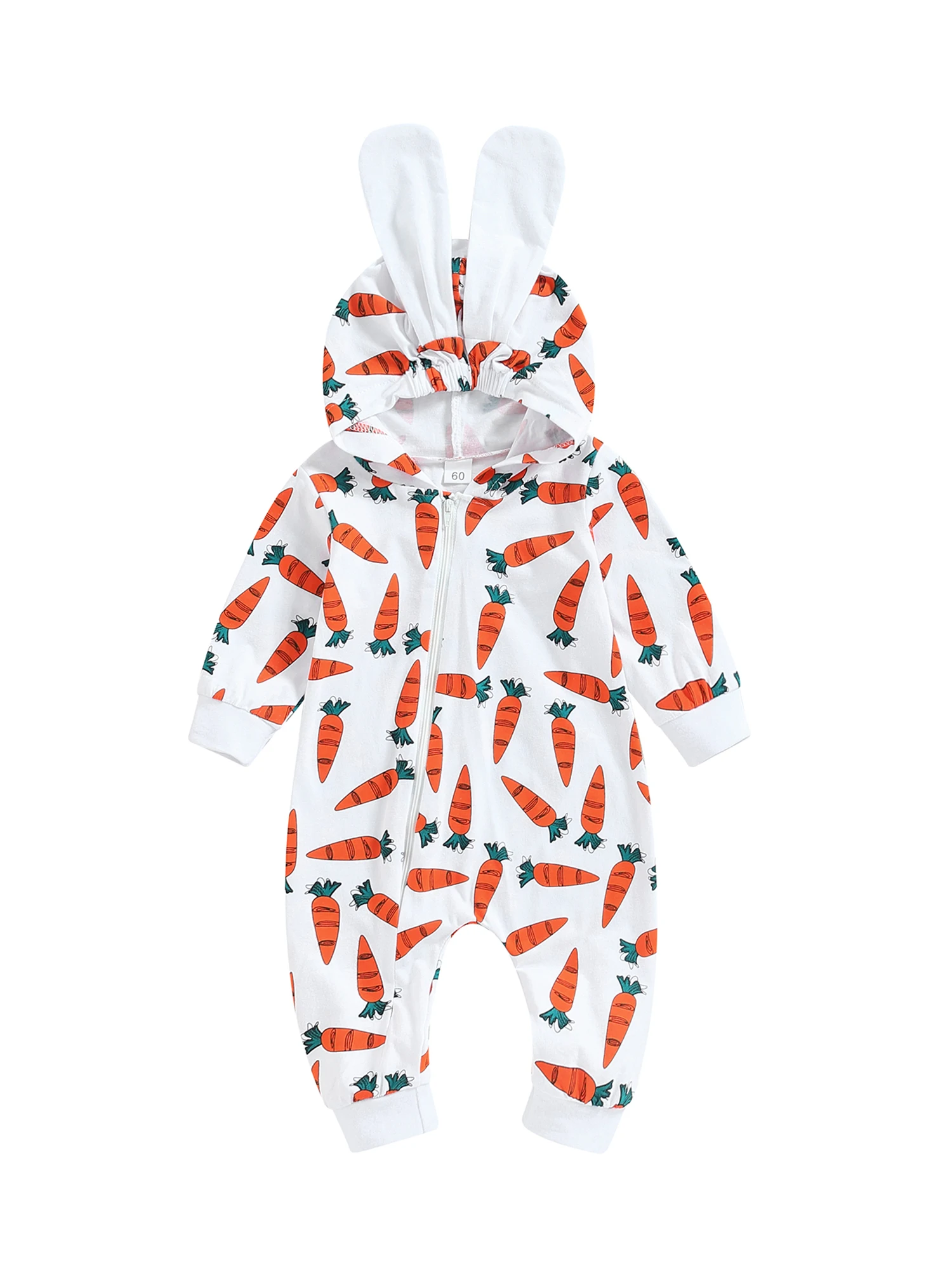 Newborn Baby Easter Romper Long Sleeve Zip Front Carrot Print Hooded Bunny Jumpsuit